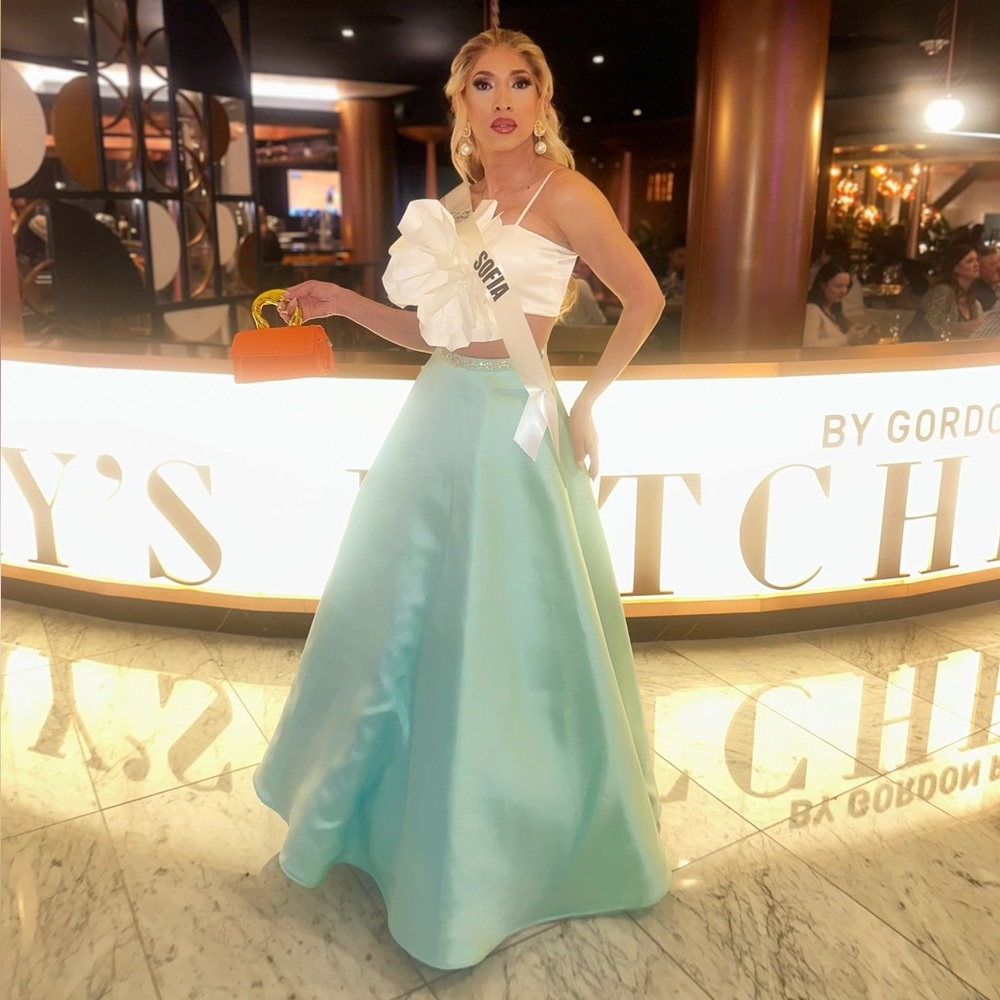Tony Bowls White and Light Blue Maxi Skirt